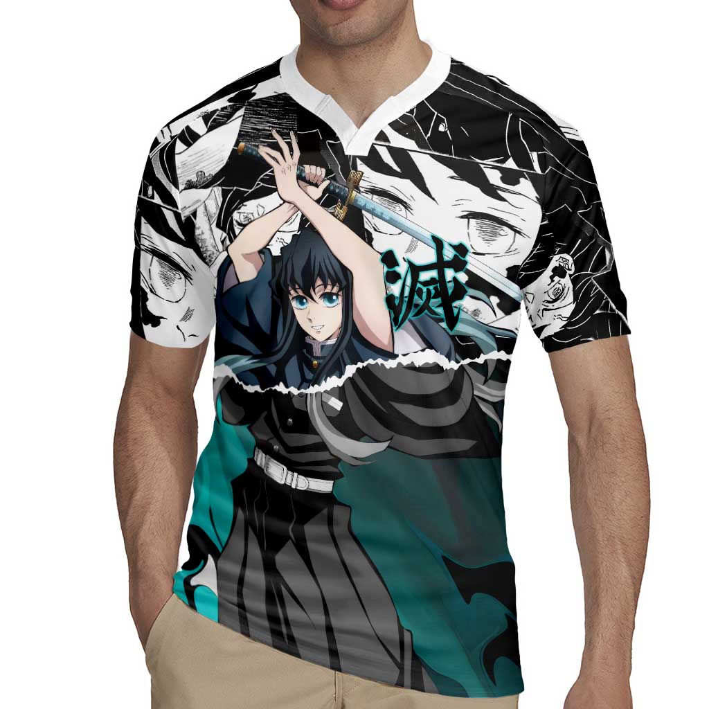 Muichiro Tokito Demon Slayer Mist Hashira Design Rugby Jersey with Manga Panels and Teal Sword Art - The Mazicc