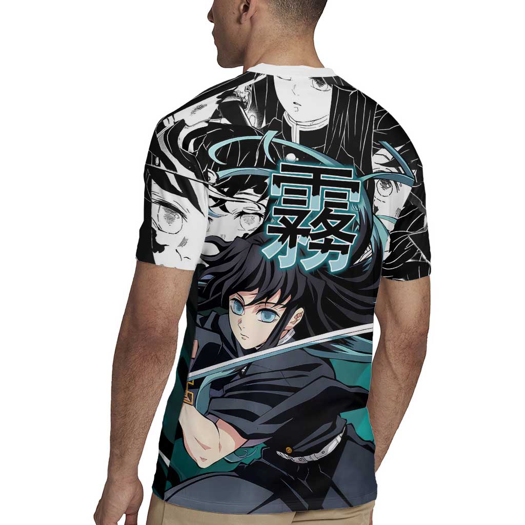 Muichiro Tokito Demon Slayer Mist Hashira Design Rugby Jersey with Manga Panels and Teal Sword Art - The Mazicc