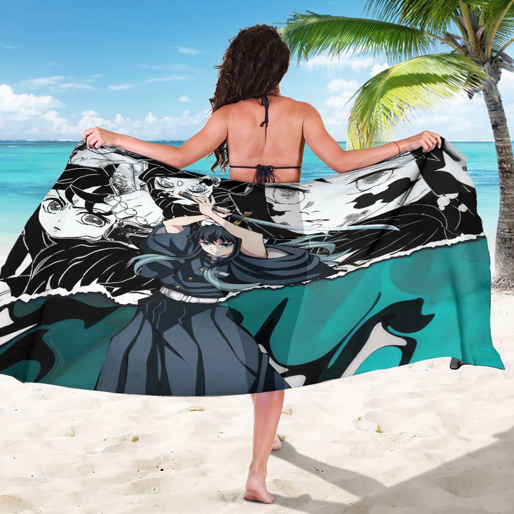 Muichiro Tokito Demon Slayer Mist Hashira Design Sarong with Manga Panels and Teal Sword Art - The Mazicc