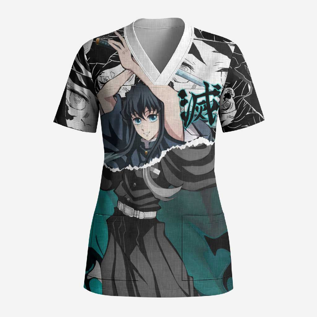 Muichiro Tokito Demon Slayer Mist Hashira Design Scrub Top with Manga Panels and Teal Sword Art - The Mazicc