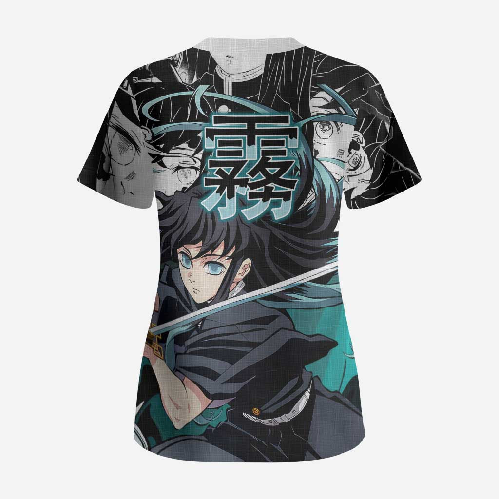Muichiro Tokito Demon Slayer Mist Hashira Design Scrub Top with Manga Panels and Teal Sword Art - The Mazicc