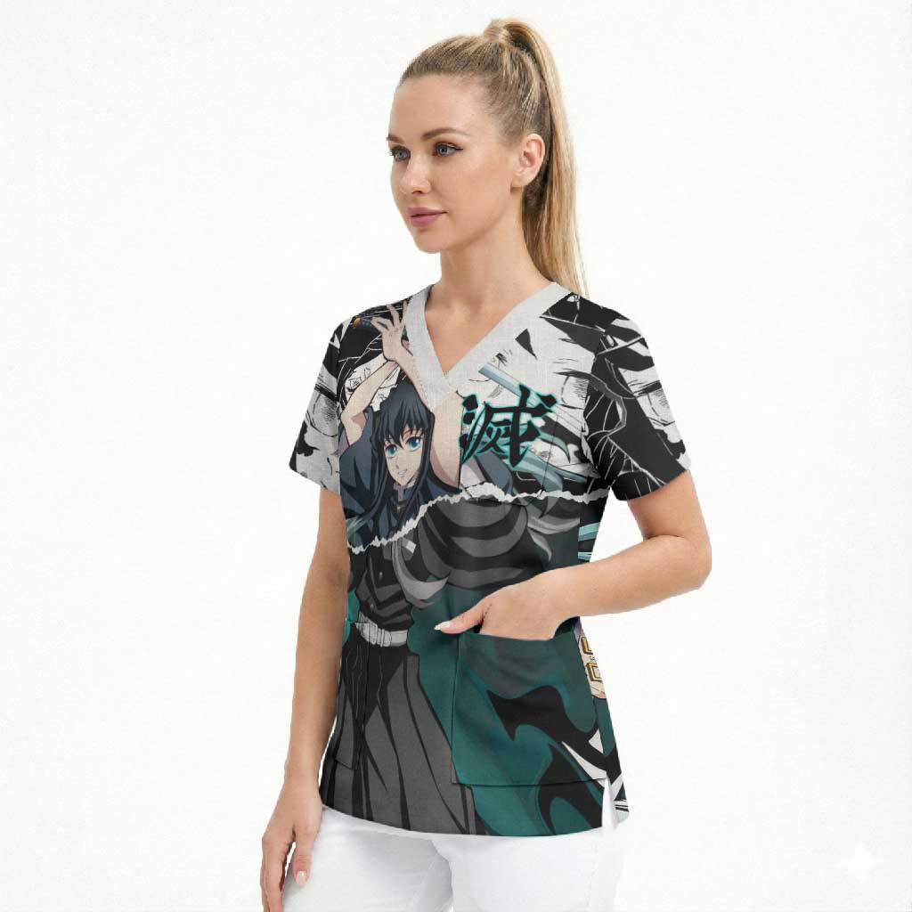 Muichiro Tokito Demon Slayer Mist Hashira Design Scrub Top with Manga Panels and Teal Sword Art - The Mazicc