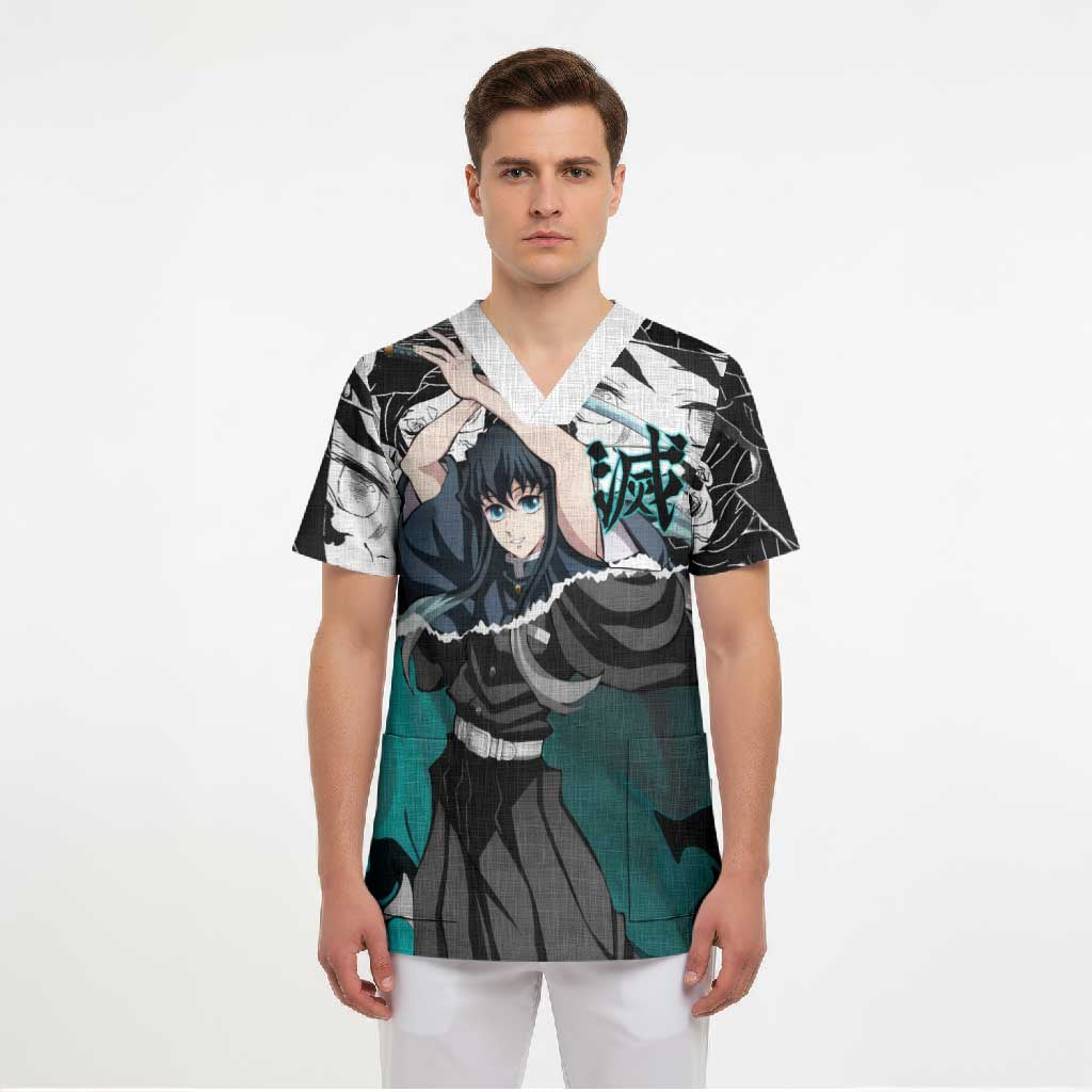 Muichiro Tokito Demon Slayer Mist Hashira Design Scrub Top with Manga Panels and Teal Sword Art - The Mazicc