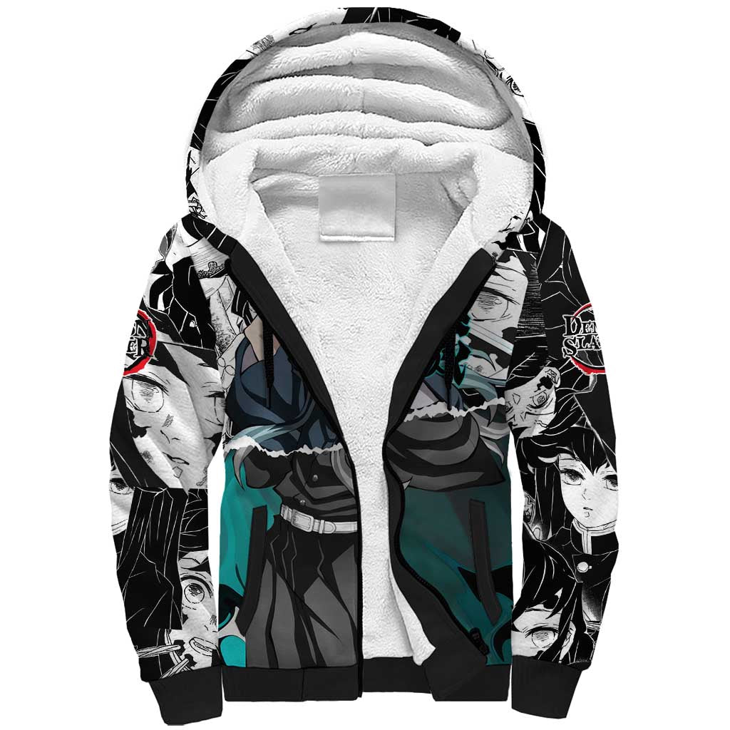 Muichiro Tokito Demon Slayer Mist Hashira Design Sherpa Hoodie with Manga Panels and Teal Sword Art - The Mazicc