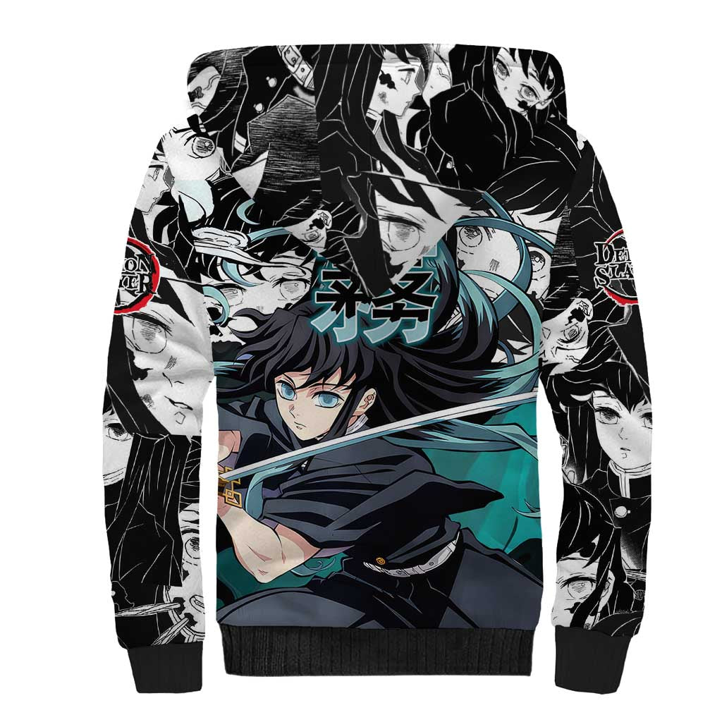 Muichiro Tokito Demon Slayer Mist Hashira Design Sherpa Hoodie with Manga Panels and Teal Sword Art - The Mazicc