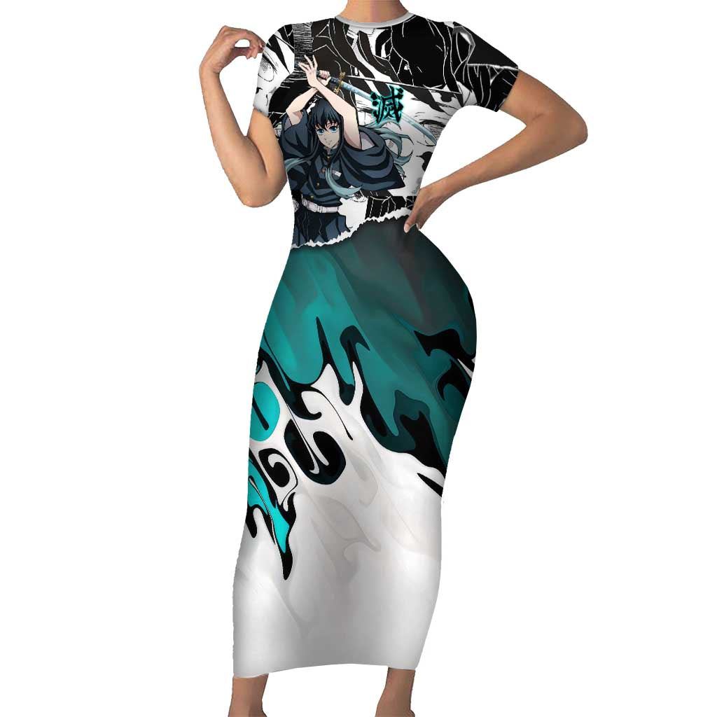 Muichiro Tokito Demon Slayer Mist Hashira Design Short Sleeve Bodycon Dress with Manga Panels and Teal Sword Art - The Mazicc