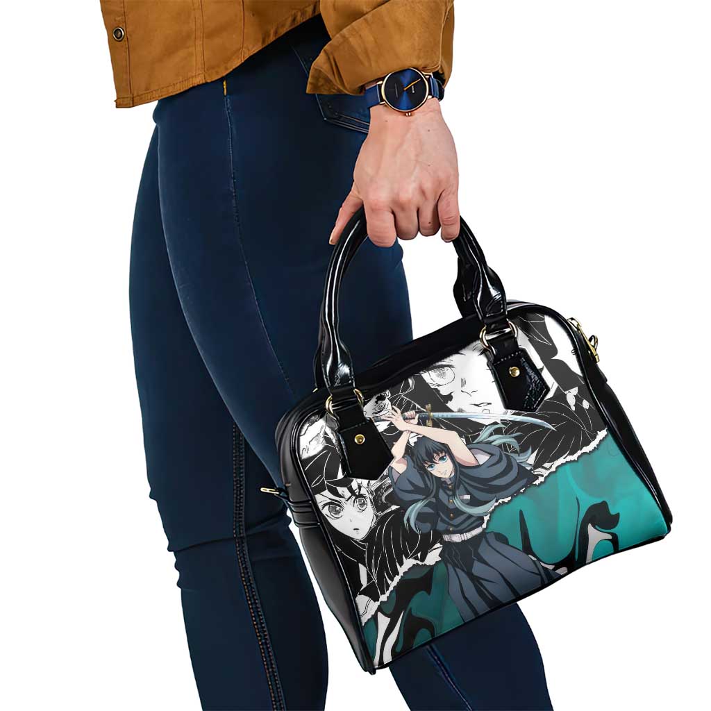 Muichiro Tokito Demon Slayer Mist Hashira Design Shoulder Handbag with Manga Panels and Teal Sword Art - The Mazicc