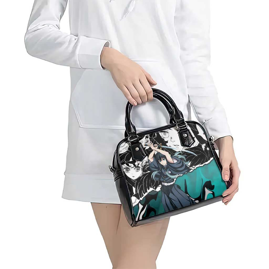 Muichiro Tokito Demon Slayer Mist Hashira Design Shoulder Handbag with Manga Panels and Teal Sword Art - The Mazicc