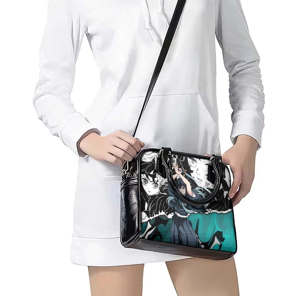 Muichiro Tokito Demon Slayer Mist Hashira Design Shoulder Handbag with Manga Panels and Teal Sword Art - The Mazicc
