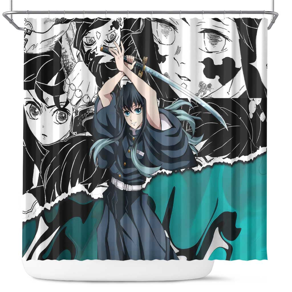 Muichiro Tokito Demon Slayer Mist Hashira Design Shower Curtain with Manga Panels and Teal Sword Art - The Mazicc