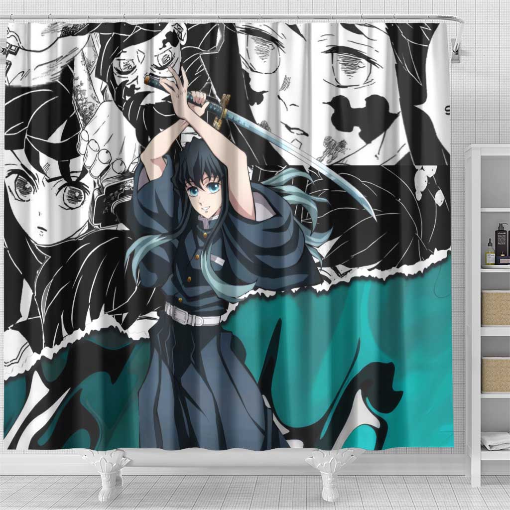 Muichiro Tokito Demon Slayer Mist Hashira Design Shower Curtain with Manga Panels and Teal Sword Art - The Mazicc