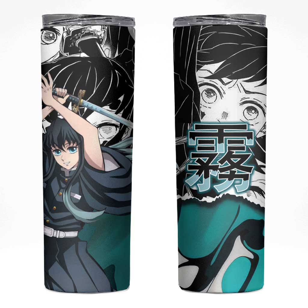 Muichiro Tokito Demon Slayer Mist Hashira Design Skinny Tumbler with Manga Panels and Teal Sword Art - The Mazicc