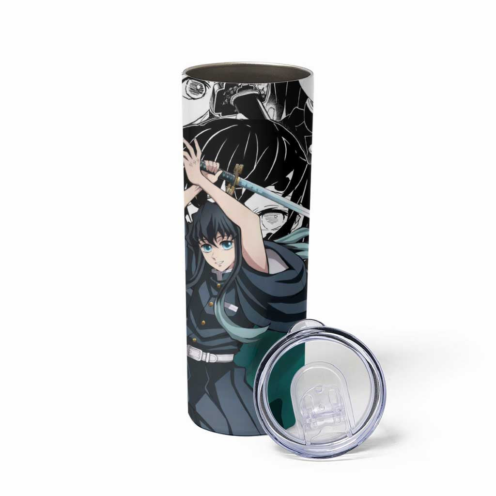 Muichiro Tokito Demon Slayer Mist Hashira Design Skinny Tumbler with Manga Panels and Teal Sword Art - The Mazicc