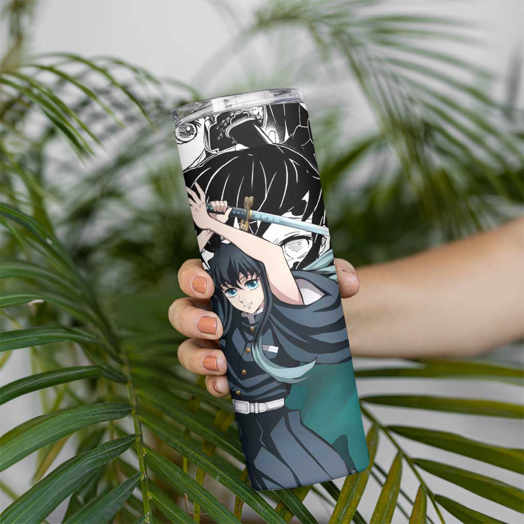 Muichiro Tokito Demon Slayer Mist Hashira Design Skinny Tumbler with Manga Panels and Teal Sword Art - The Mazicc