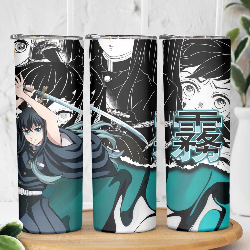 Muichiro Tokito Demon Slayer Mist Hashira Design Skinny Tumbler with Manga Panels and Teal Sword Art - The Mazicc
