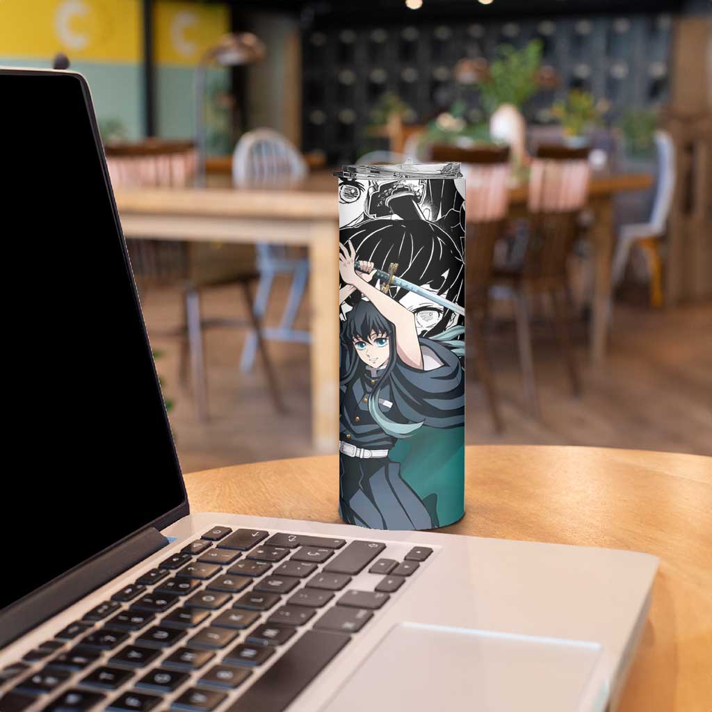 Muichiro Tokito Demon Slayer Mist Hashira Design Skinny Tumbler with Manga Panels and Teal Sword Art - The Mazicc