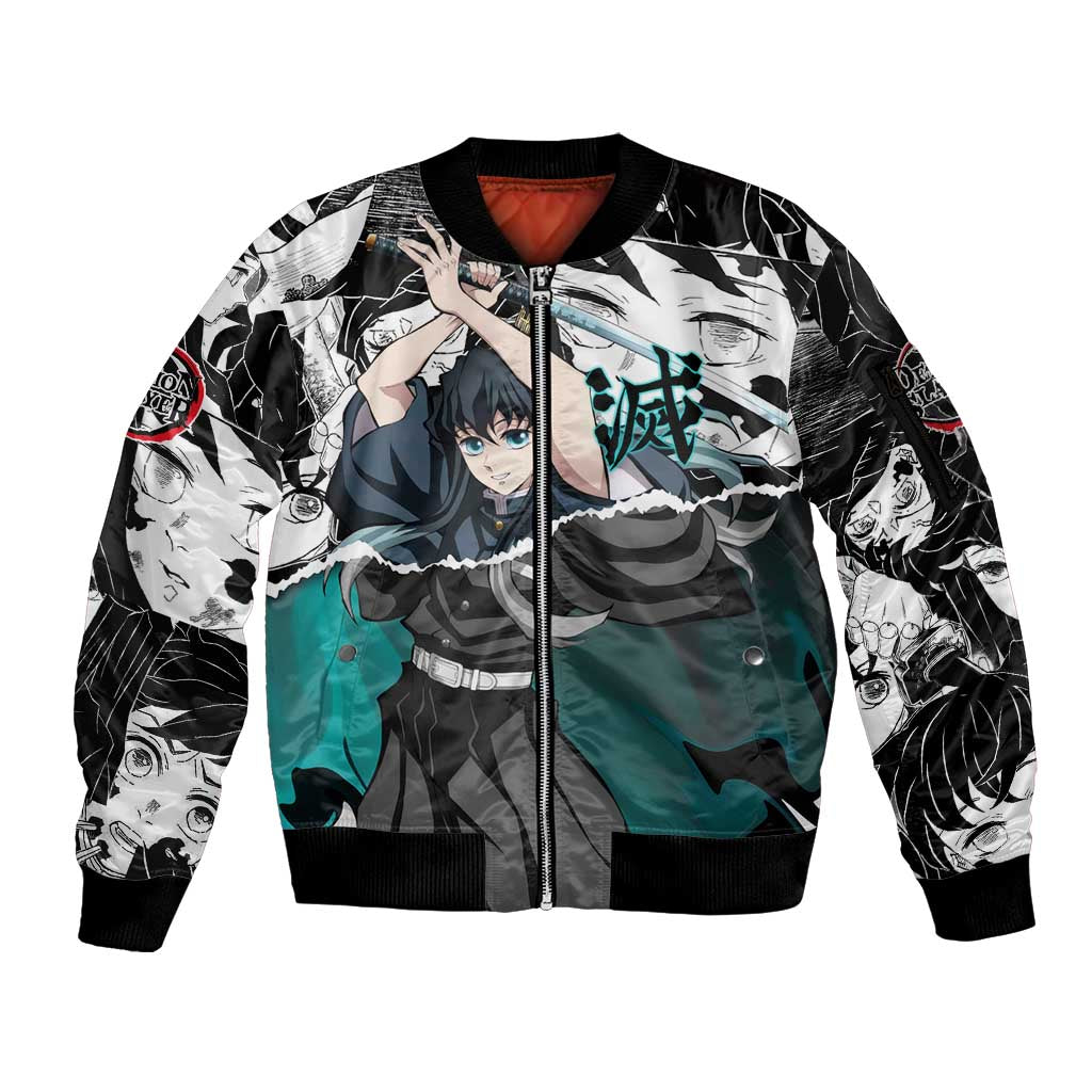 Muichiro Tokito Demon Slayer Mist Hashira Design Sleeve Zip Bomber Jacket with Manga Panels and Teal Sword Art - The Mazicc