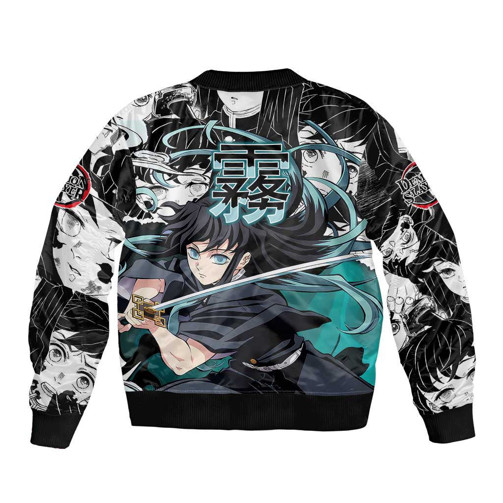 Muichiro Tokito Demon Slayer Mist Hashira Design Sleeve Zip Bomber Jacket with Manga Panels and Teal Sword Art - The Mazicc