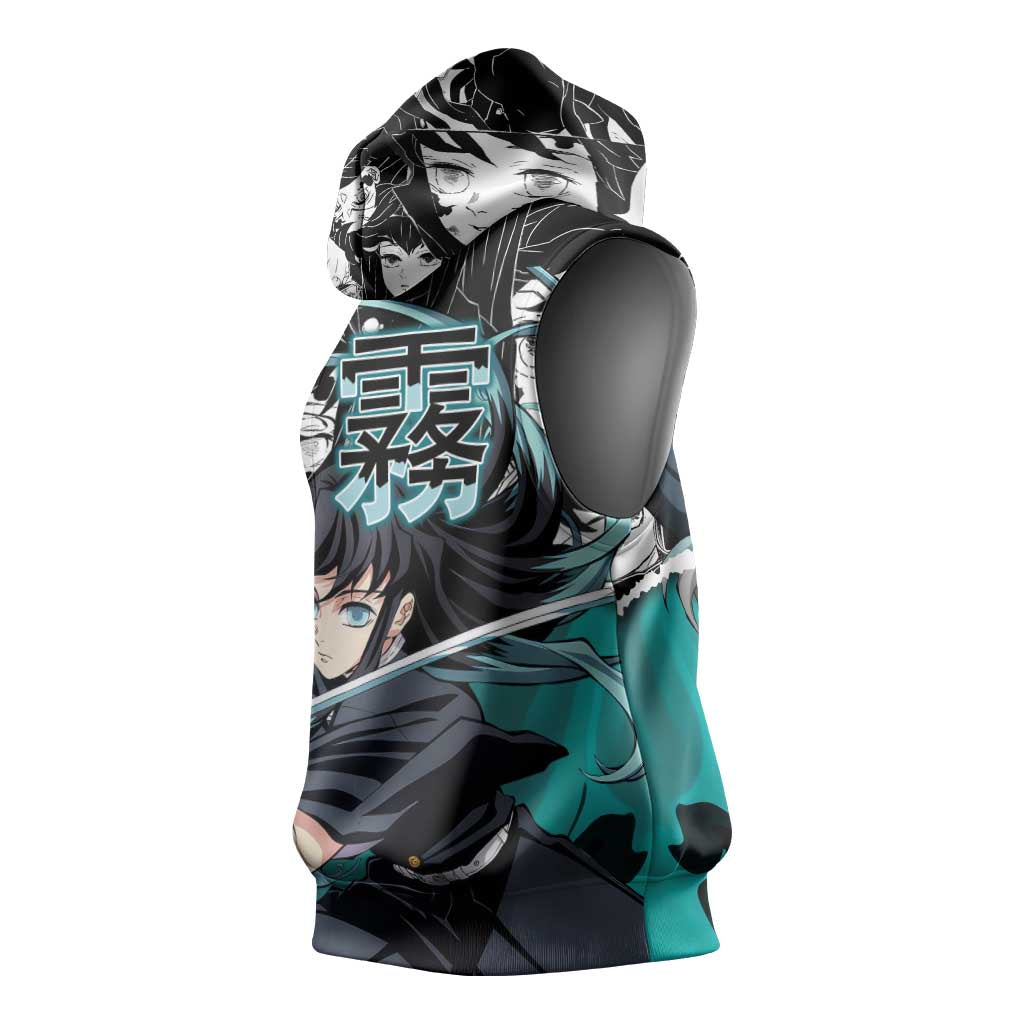 Muichiro Tokito Demon Slayer Mist Hashira Design Sleeveless Hoodie with Manga Panels and Teal Sword Art - The Mazicc