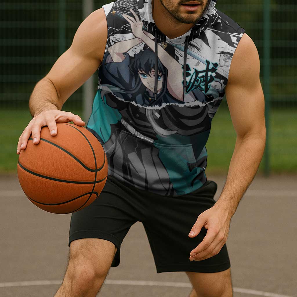Muichiro Tokito Demon Slayer Mist Hashira Design Sleeveless Hoodie with Manga Panels and Teal Sword Art - The Mazicc
