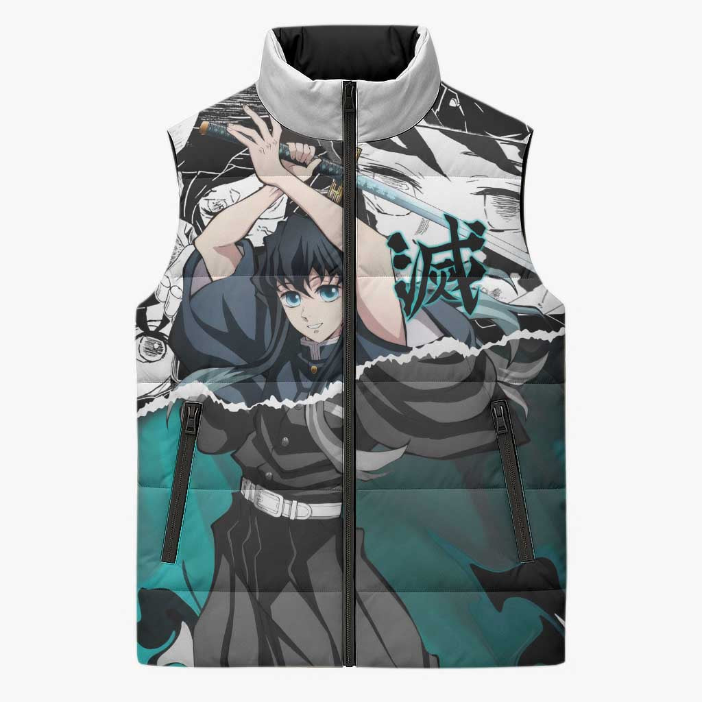Muichiro Tokito Demon Slayer Mist Hashira Design Sleeveless Puffer Jacket with Manga Panels and Teal Sword Art - The Mazicc