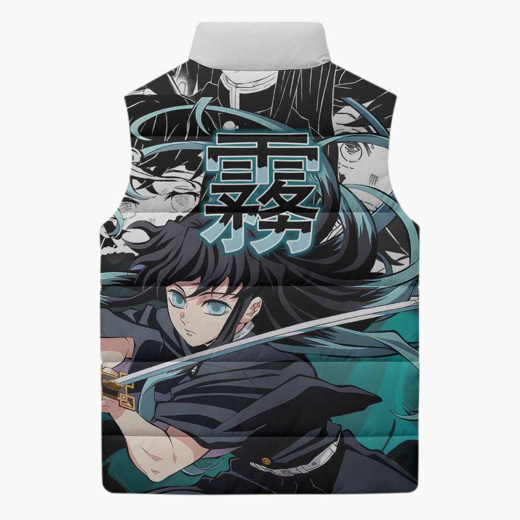 Muichiro Tokito Demon Slayer Mist Hashira Design Sleeveless Puffer Jacket with Manga Panels and Teal Sword Art - The Mazicc