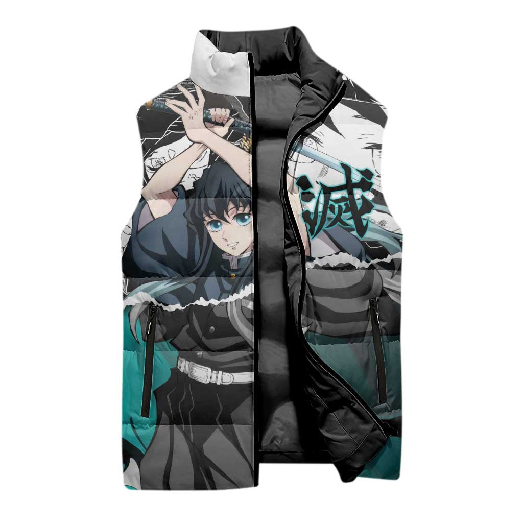 Muichiro Tokito Demon Slayer Mist Hashira Design Sleeveless Puffer Jacket with Manga Panels and Teal Sword Art - The Mazicc