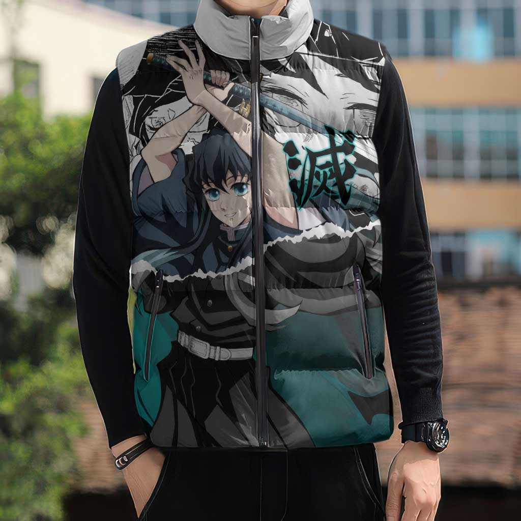Muichiro Tokito Demon Slayer Mist Hashira Design Sleeveless Puffer Jacket with Manga Panels and Teal Sword Art - The Mazicc