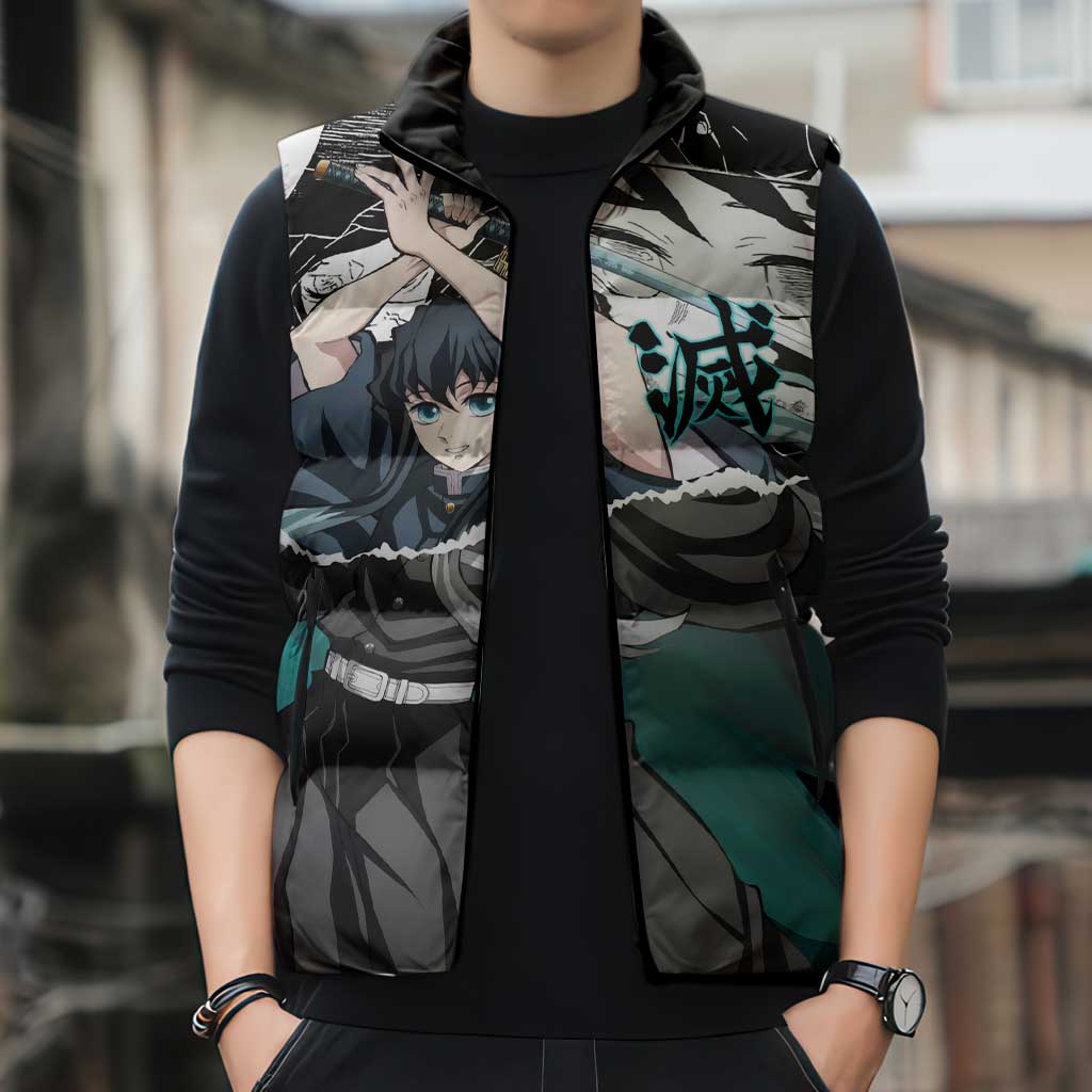 Muichiro Tokito Demon Slayer Mist Hashira Design Sleeveless Puffer Jacket with Manga Panels and Teal Sword Art - The Mazicc
