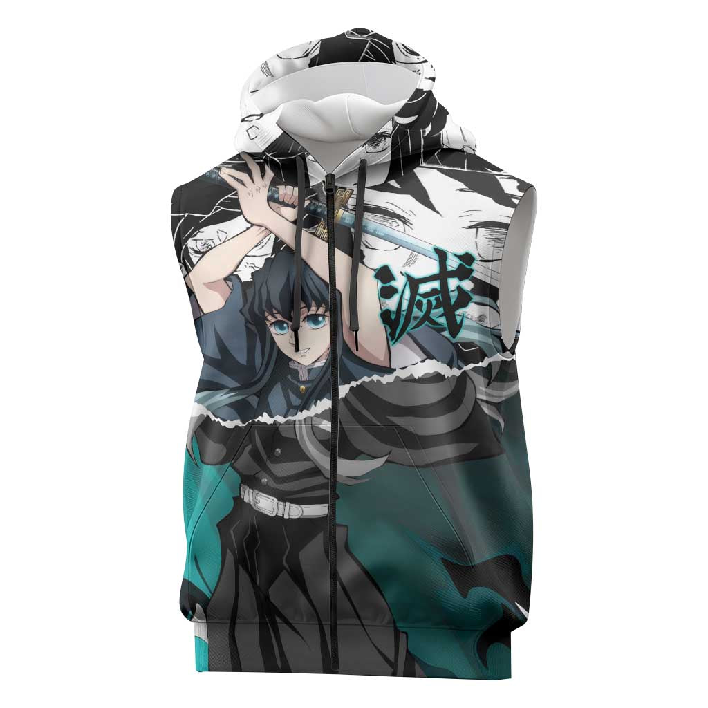 Muichiro Tokito Demon Slayer Mist Hashira Design Sleeveless Zip Hoodie with Manga Panels and Teal Sword Art - The Mazicc