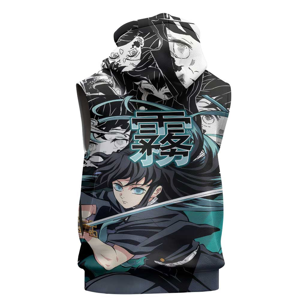 Muichiro Tokito Demon Slayer Mist Hashira Design Sleeveless Zip Hoodie with Manga Panels and Teal Sword Art - The Mazicc