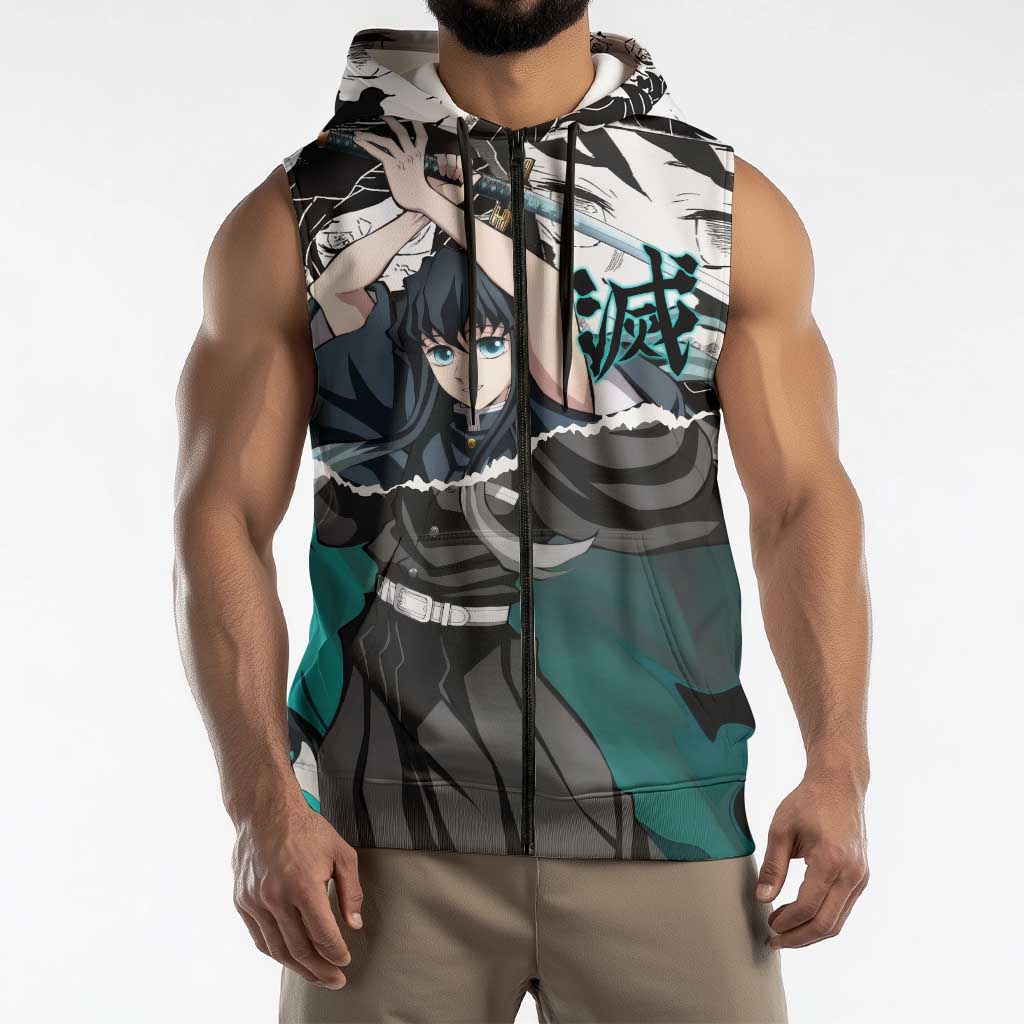 Muichiro Tokito Demon Slayer Mist Hashira Design Sleeveless Zip Hoodie with Manga Panels and Teal Sword Art - The Mazicc