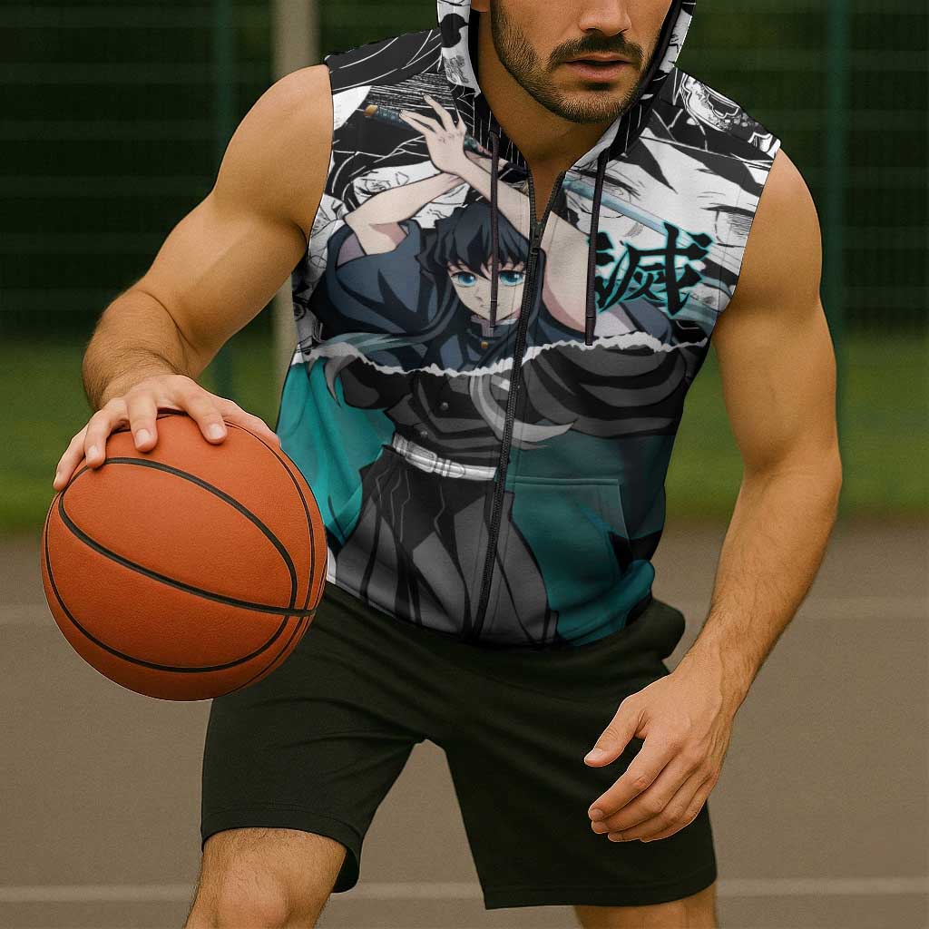 Muichiro Tokito Demon Slayer Mist Hashira Design Sleeveless Zip Hoodie with Manga Panels and Teal Sword Art - The Mazicc