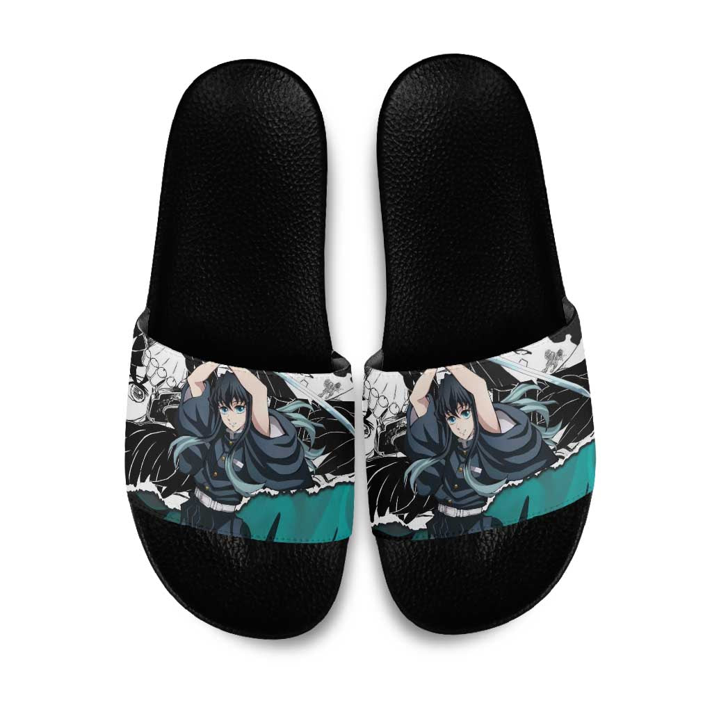 Muichiro Tokito Demon Slayer Mist Hashira Design Slide Sandals with Manga Panels and Teal Sword Art - The Mazicc