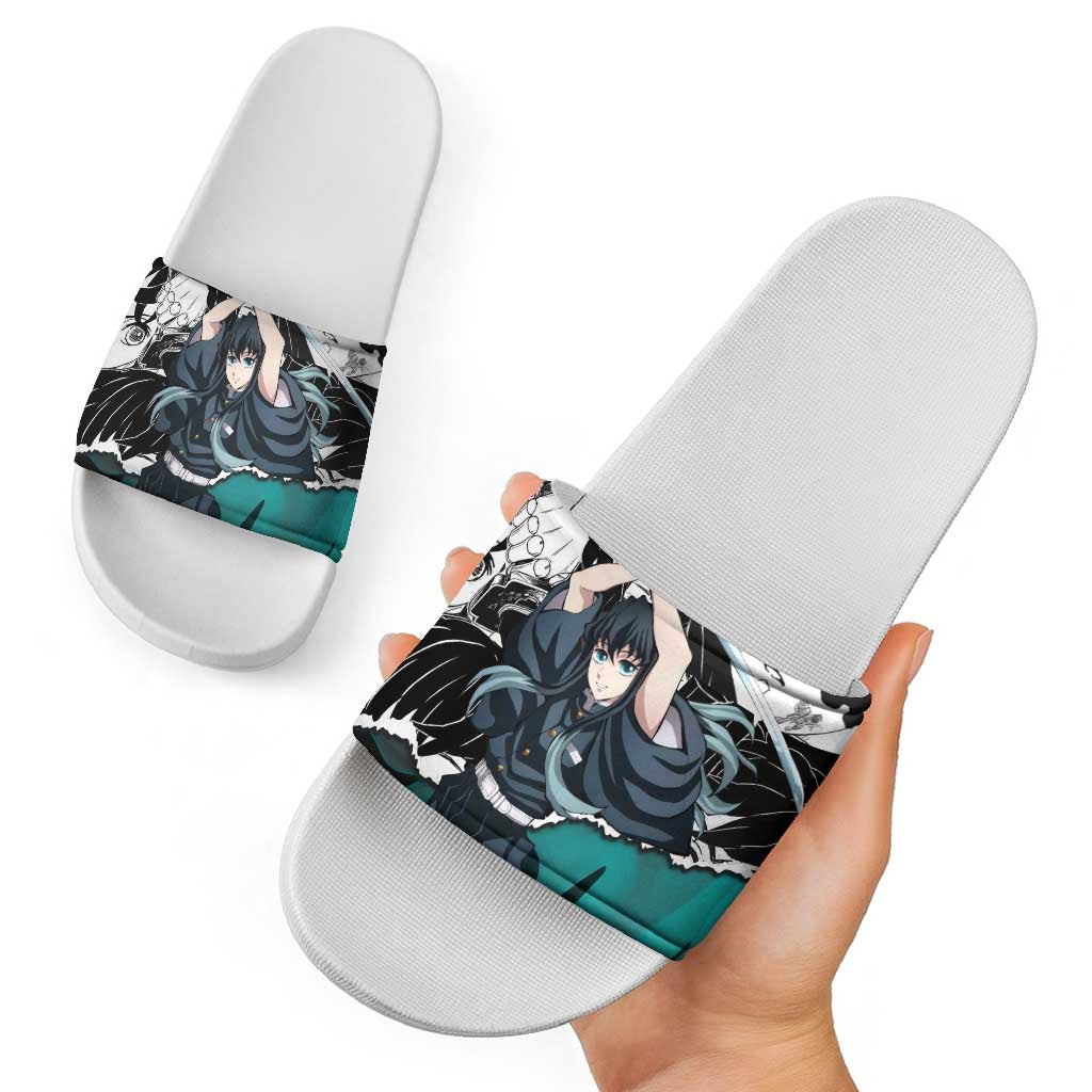 Muichiro Tokito Demon Slayer Mist Hashira Design Slide Sandals with Manga Panels and Teal Sword Art - The Mazicc