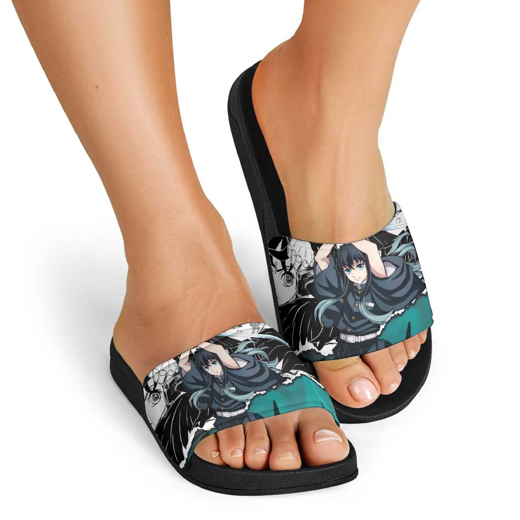 Muichiro Tokito Demon Slayer Mist Hashira Design Slide Sandals with Manga Panels and Teal Sword Art - The Mazicc