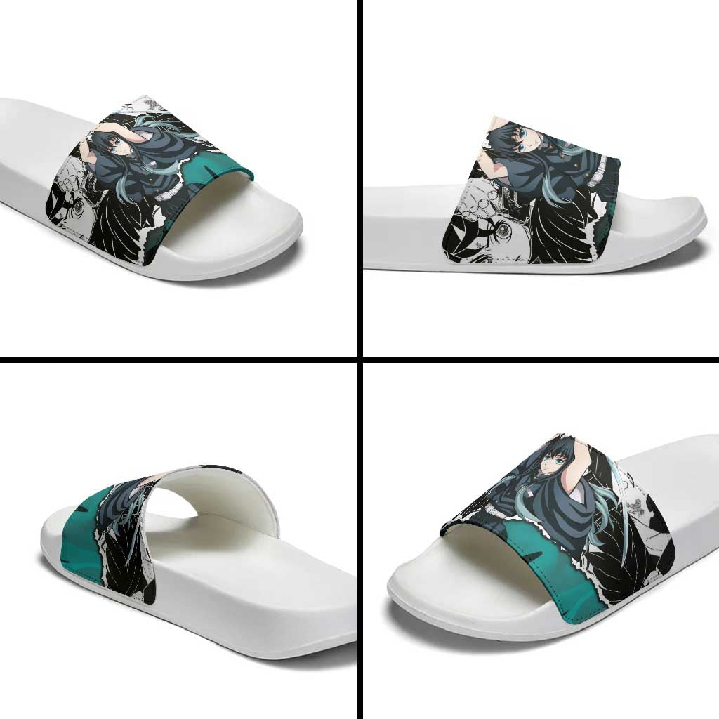 Muichiro Tokito Demon Slayer Mist Hashira Design Slide Sandals with Manga Panels and Teal Sword Art - The Mazicc