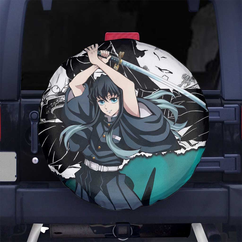 Muichiro Tokito Demon Slayer Mist Hashira Design Spare Tire Cover with Manga Panels and Teal Sword Art - The Mazicc