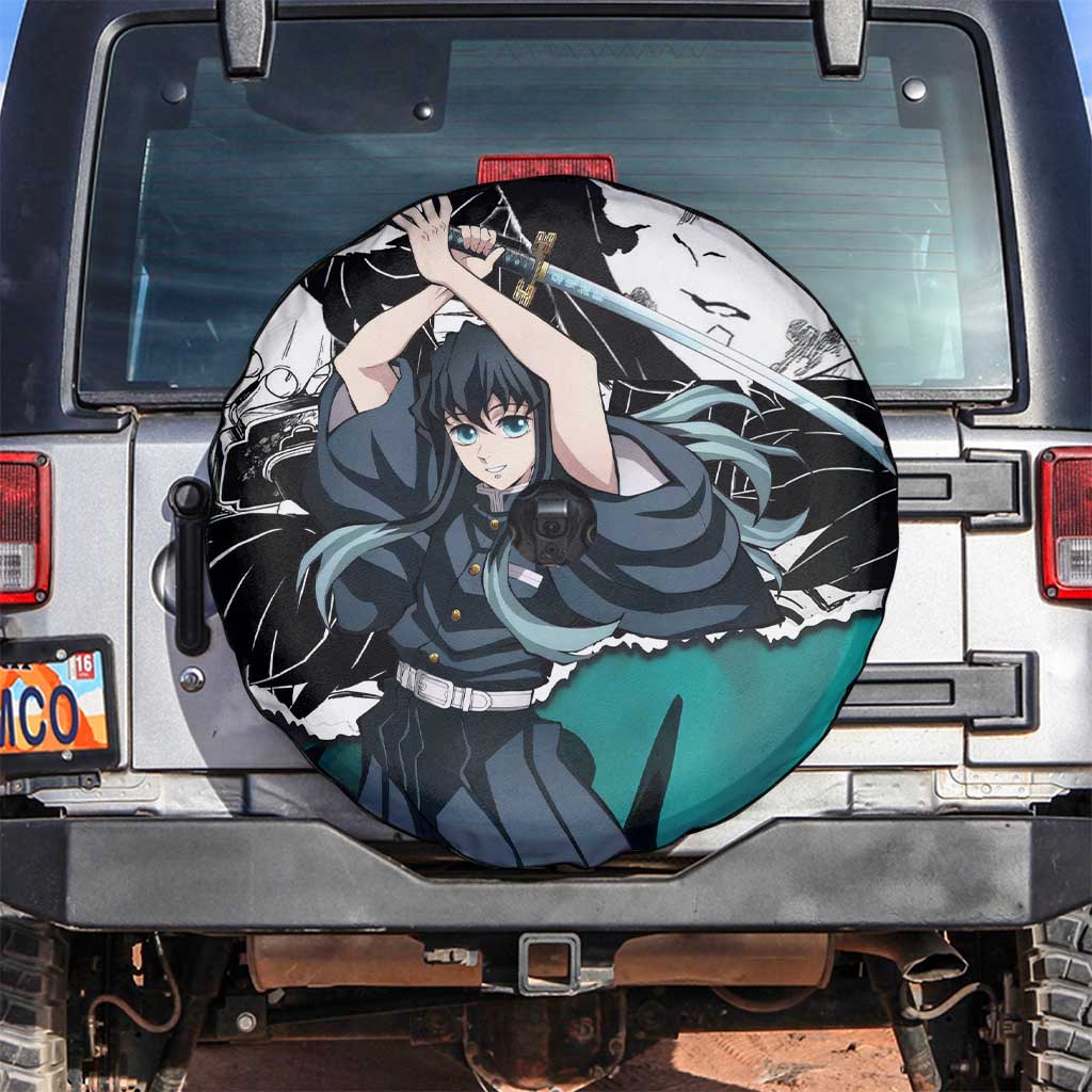 Muichiro Tokito Demon Slayer Mist Hashira Design Spare Tire Cover with Manga Panels and Teal Sword Art - The Mazicc