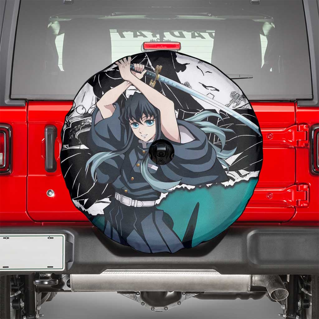 Muichiro Tokito Demon Slayer Mist Hashira Design Spare Tire Cover with Manga Panels and Teal Sword Art - The Mazicc