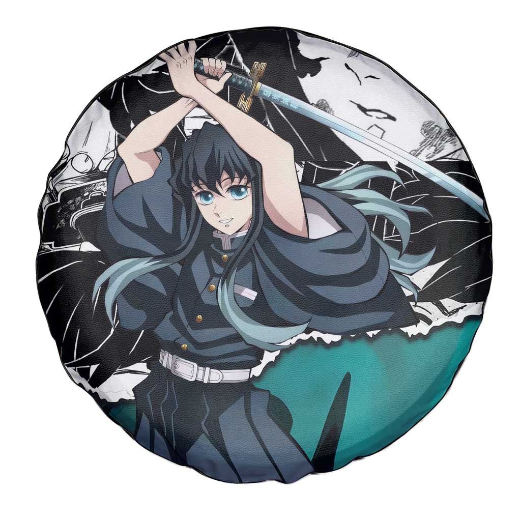 Muichiro Tokito Demon Slayer Mist Hashira Design Spare Tire Cover with Manga Panels and Teal Sword Art - The Mazicc