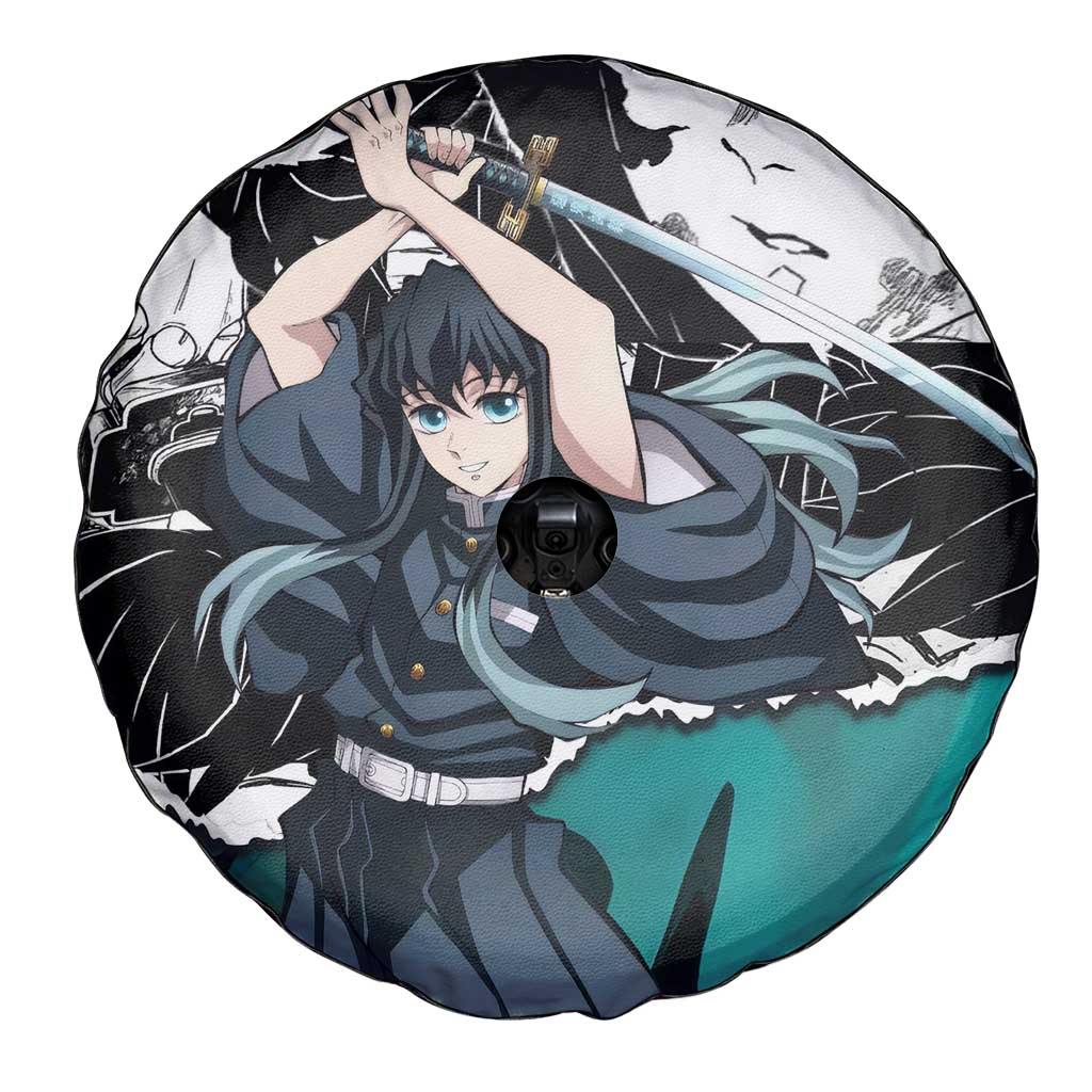 Muichiro Tokito Demon Slayer Mist Hashira Design Spare Tire Cover with Manga Panels and Teal Sword Art - The Mazicc