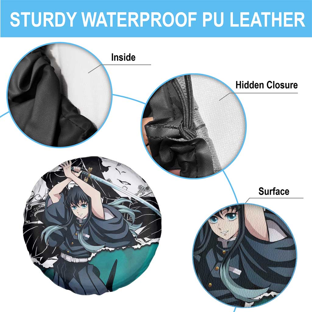 Muichiro Tokito Demon Slayer Mist Hashira Design Spare Tire Cover with Manga Panels and Teal Sword Art - The Mazicc