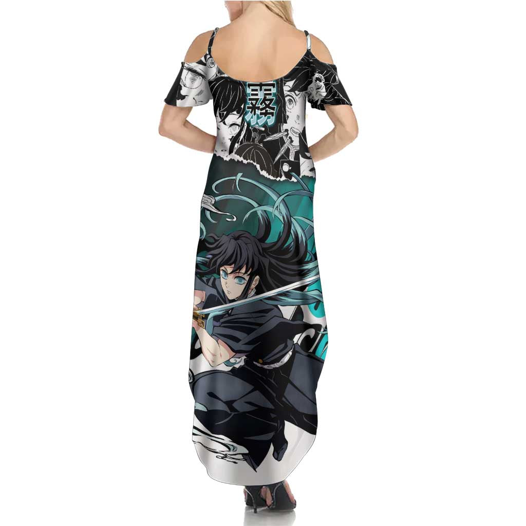 Muichiro Tokito Demon Slayer Mist Hashira Design Summer Maxi Dress with Manga Panels and Teal Sword Art - The Mazicc