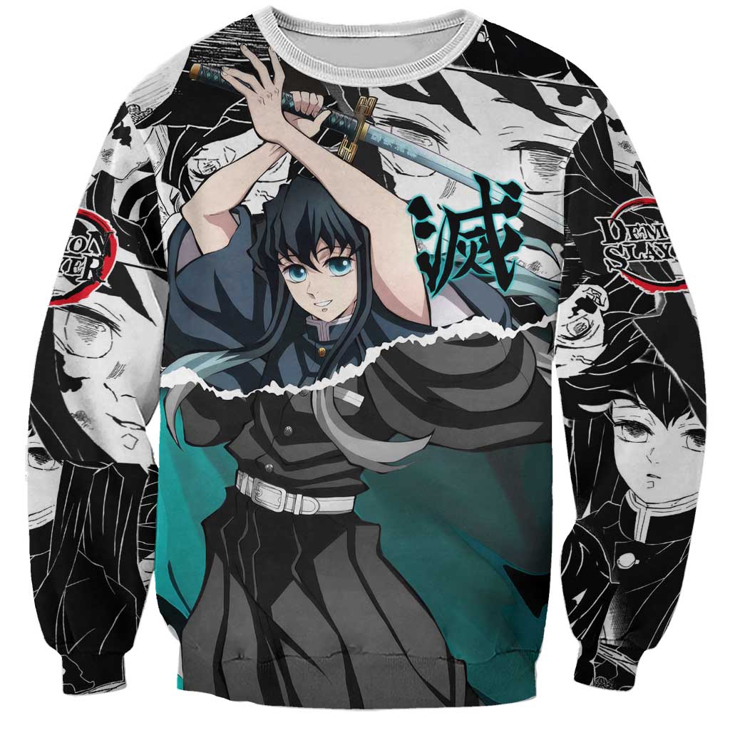 Muichiro Tokito Demon Slayer Mist Hashira Design Sweatshirt with Manga Panels and Teal Sword Art - The Mazicc