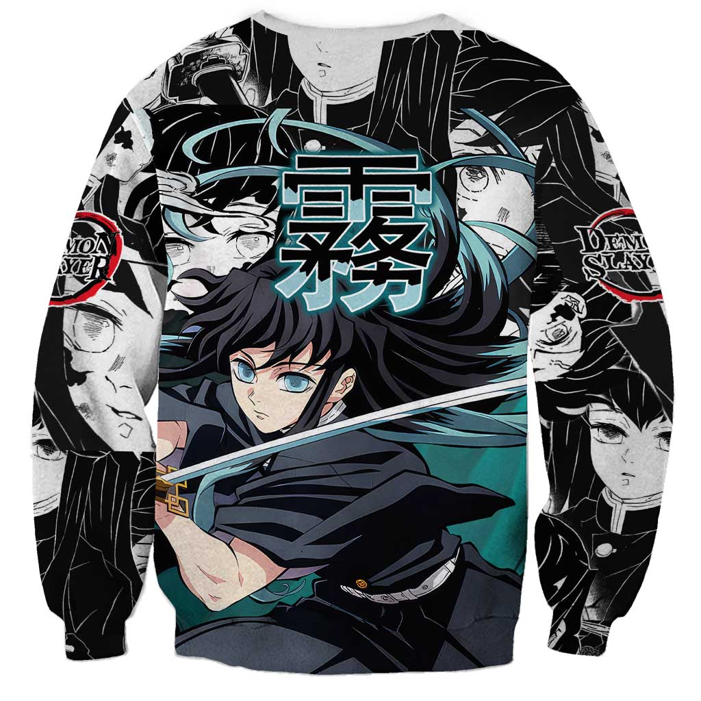 Muichiro Tokito Demon Slayer Mist Hashira Design Sweatshirt with Manga Panels and Teal Sword Art - The Mazicc