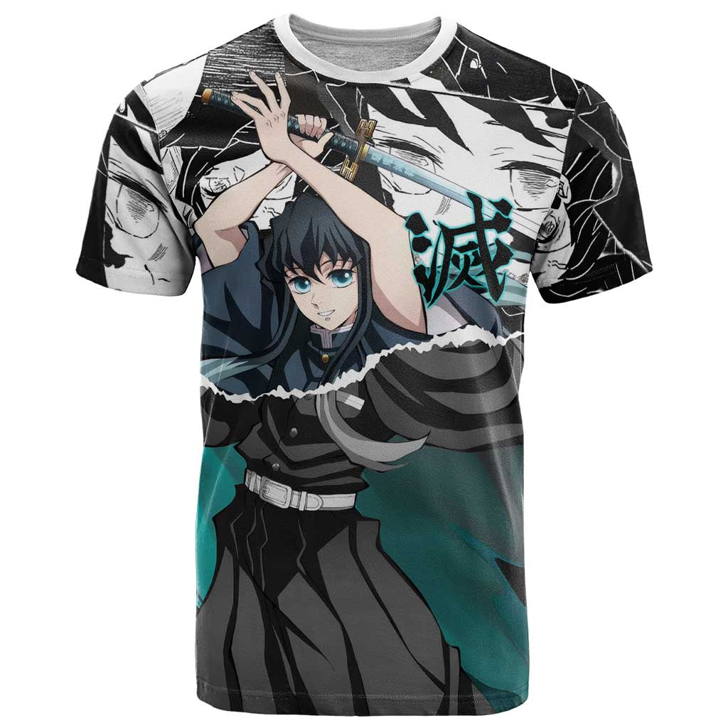 Muichiro Tokito Demon Slayer Mist Hashira Design T Shirt with Manga Panels and Teal Sword Art - The Mazicc