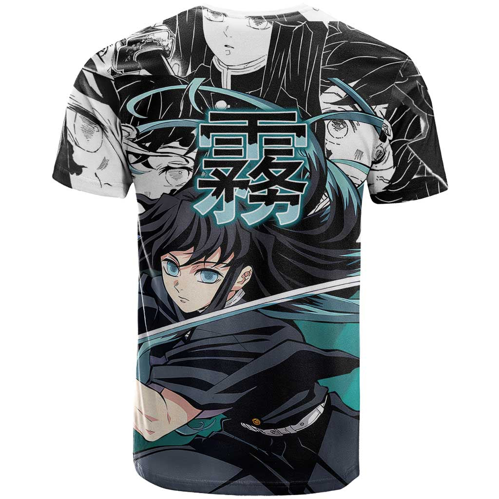 Muichiro Tokito Demon Slayer Mist Hashira Design T Shirt with Manga Panels and Teal Sword Art - The Mazicc