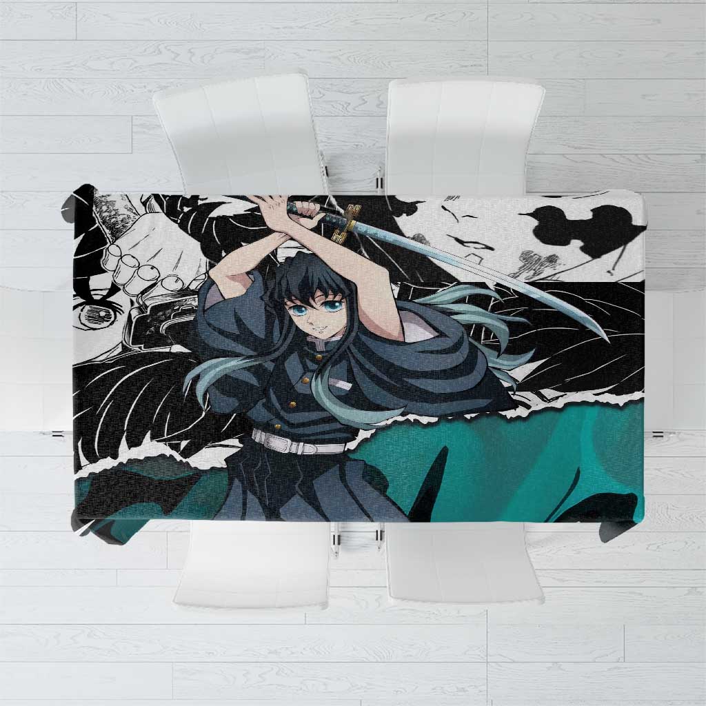 Muichiro Tokito Demon Slayer Mist Hashira Design Tablecloth with Manga Panels and Teal Sword Art - The Mazicc