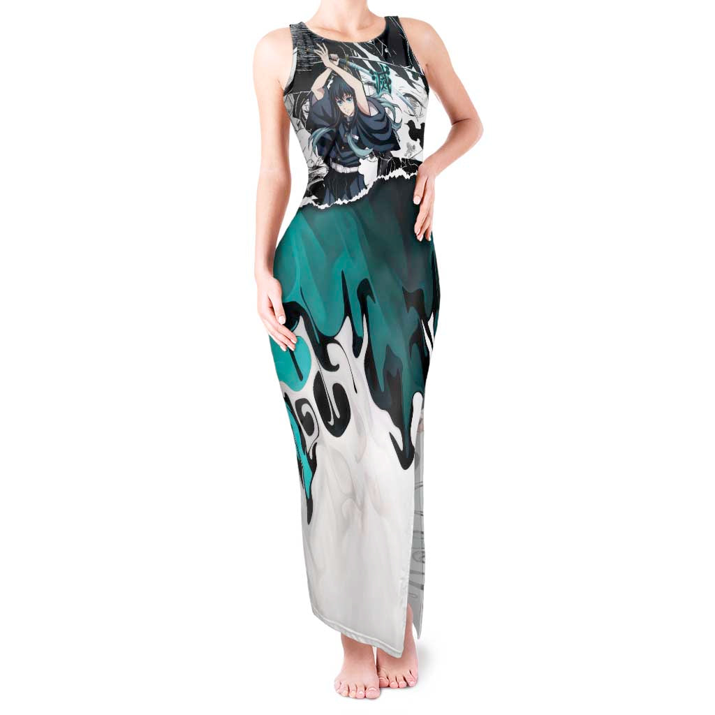 Muichiro Tokito Demon Slayer Mist Hashira Design Tank Maxi Dress with Manga Panels and Teal Sword Art - The Mazicc